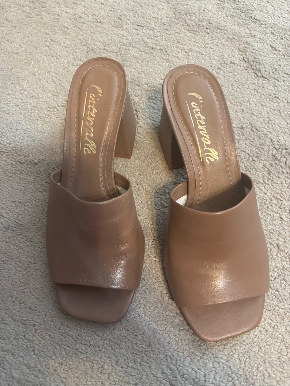 L'INTERVALLE Tan Leather Square-Toe Block Heel Mules
